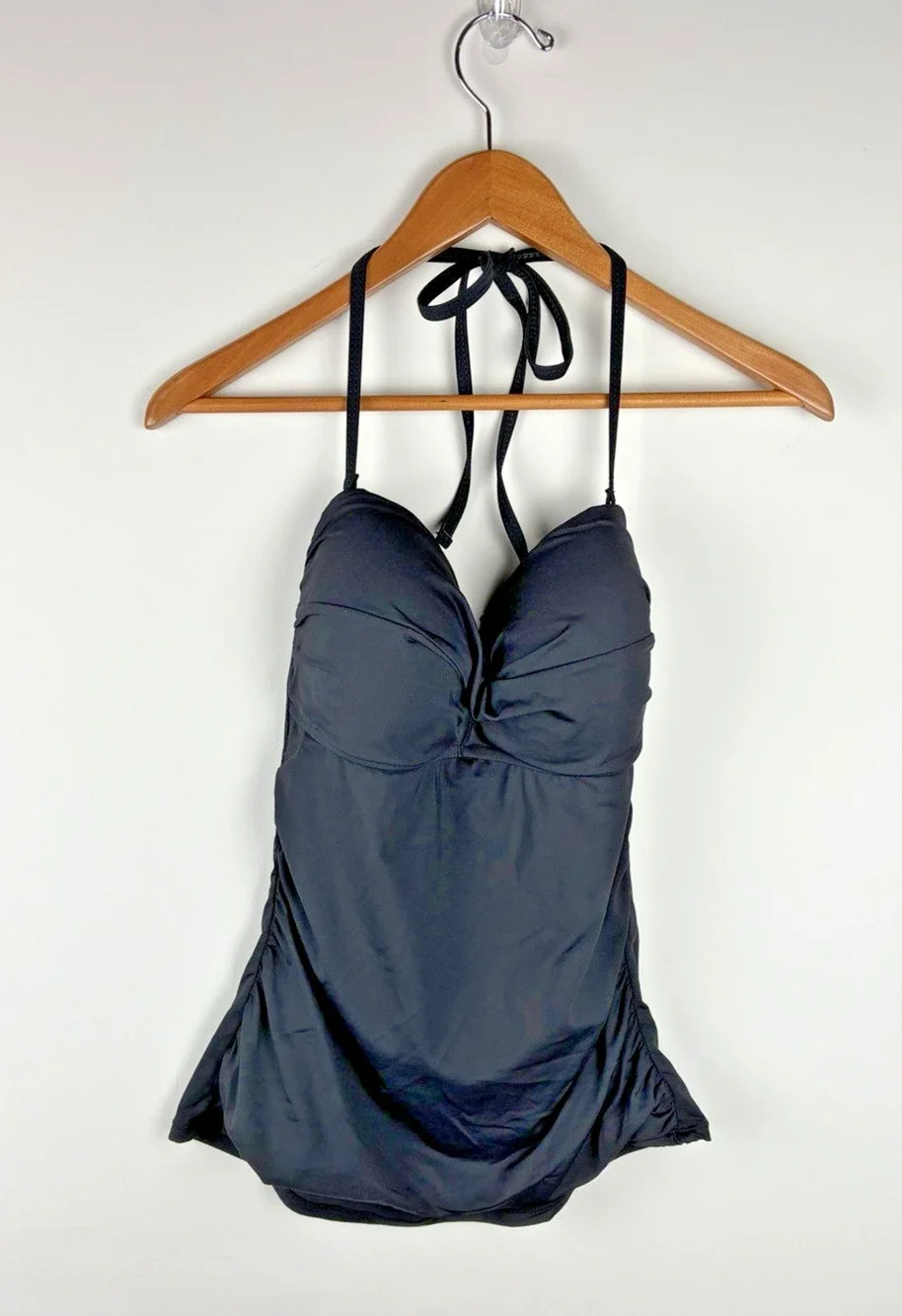 Anne Cole Black Halter Tankini Swim Top Women’s Large Ruched Padded Shelf Bra